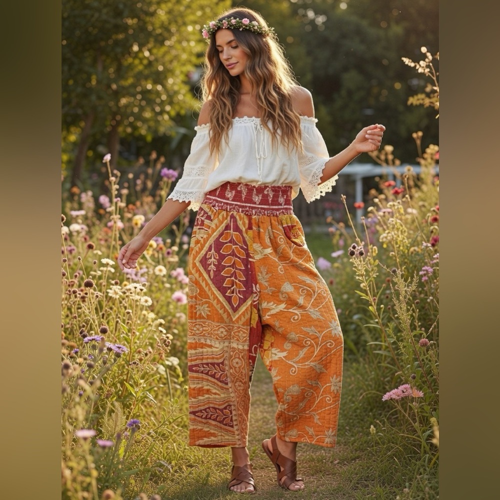 KANTHA SHE’S1OAK LOUNGE HAREM PANTS WITH POCKETS Bohemian Orange Patterned Pants - Picture 2 of 7